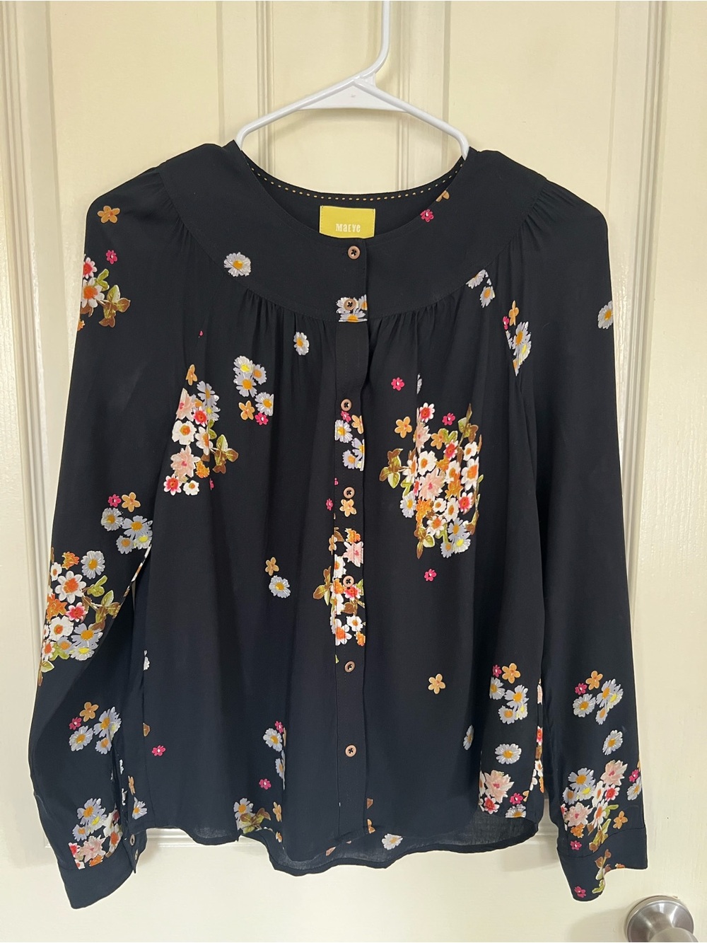 Maeve Anthropologie Black Floral Button Front Blouse Top XS